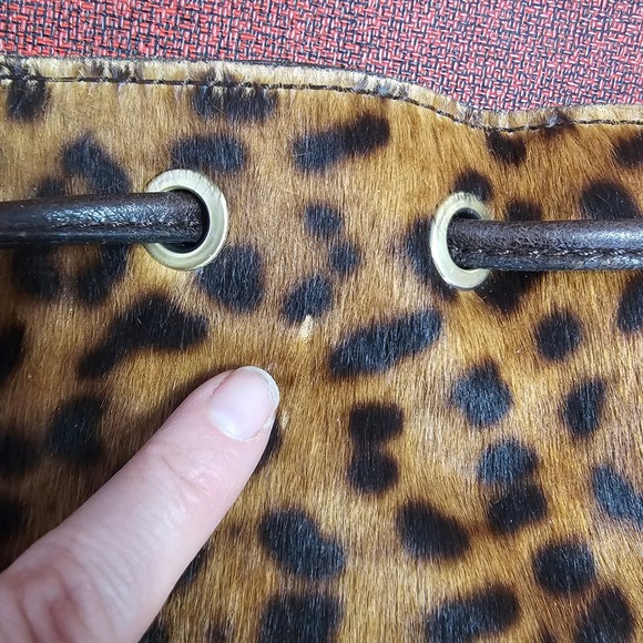 Patricia Nash Calf Hair Leather Bucket Bag Leopard Brown Crossbody Drawstring - Picture 12 of 16
